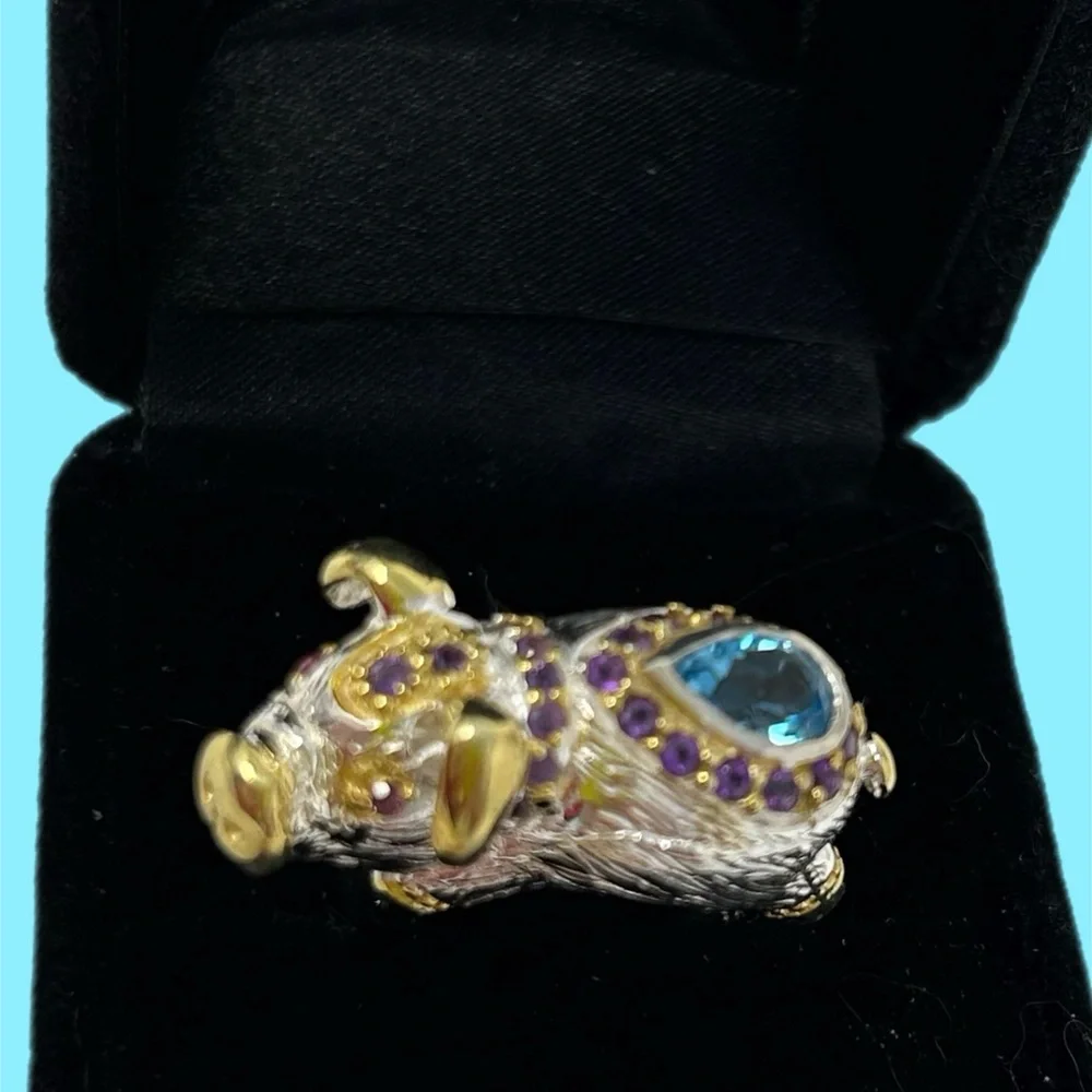 Exquisite, One Of A Kind, Genuine Blue Topaz & Amethyst Piggy Ring. - Picture 4 of 4